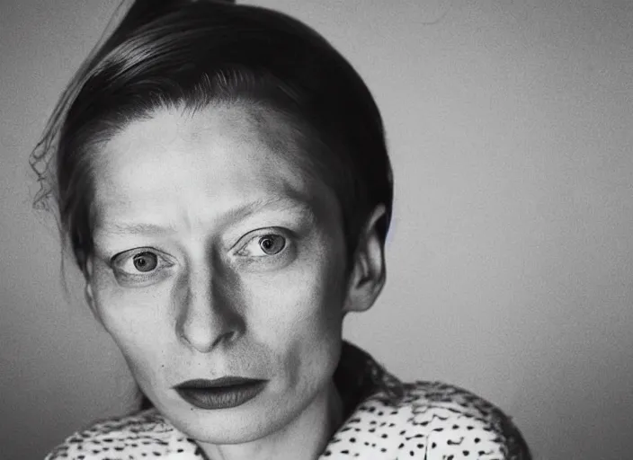 Image similar to professional fine detailed photo portrait of young tilda swinton from makhachkala, dagestan. kid tilda swinton in the postsoviet suburbia, iphone photo, instagram, black and white - - cfg _ scale 7