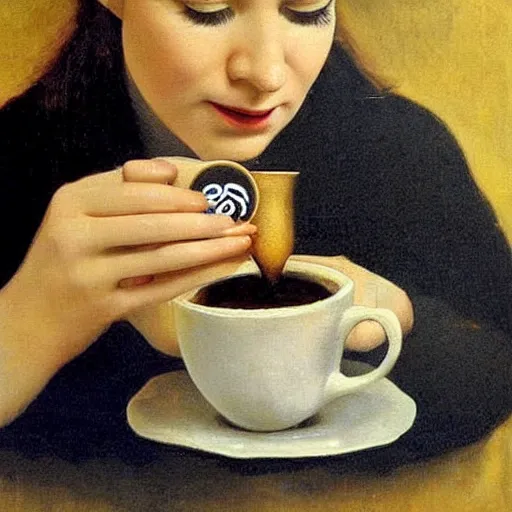 Prompt: A performance art. A rip in spacetime. Did this device in her hand open a portal to another dimension or reality?! latte art by Paul Gustav Fischer frightful