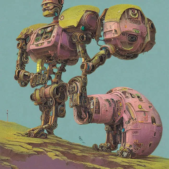 Prompt: quirky robot, extremely detailed, pastel colors, intricate, hard light, flat, illustration, digital painting, by roger dean