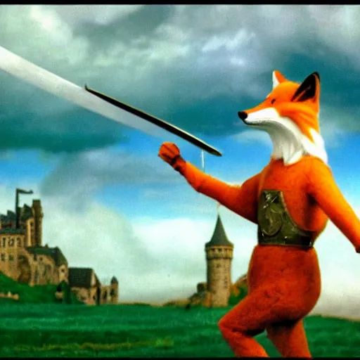 Prompt: anthropomorphic fox!! who is a medieval knight holding a sword towards a stormy thundercloud [ 1 9 3 0 s film still ], castle,, in the background