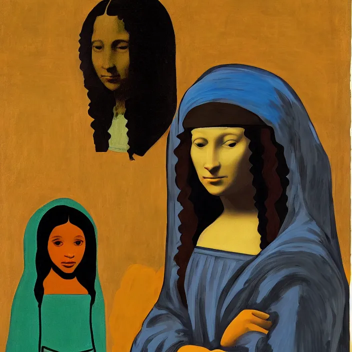 Image similar to an Afro American girl as Mona Lisa by Jacob Lawrence