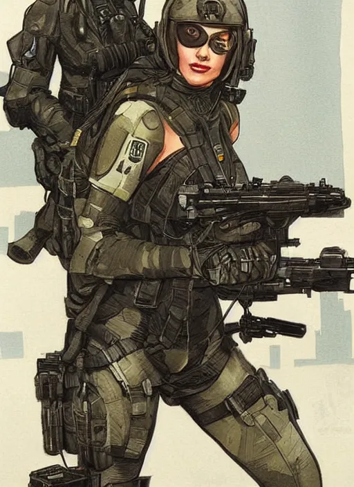 Prompt: Dinah. USN special forces operator looking at city skyline. Futuristic stealth suit. mgs and rb6s Concept art by James Gurney, Alphonso Mucha, matt rhodes.