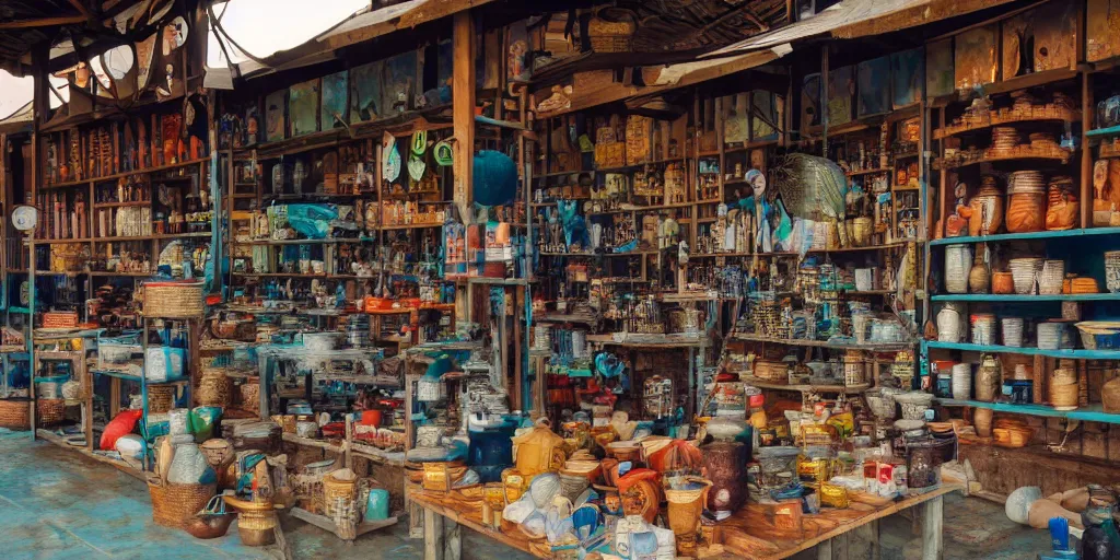 Image similar to interior of a sundry shop at pulau indah fishing village, near a jetty, half empty shelves, early morning, detailed matte painting, low angle view, telephoto lens, bokeh, studio ghibli, artstation