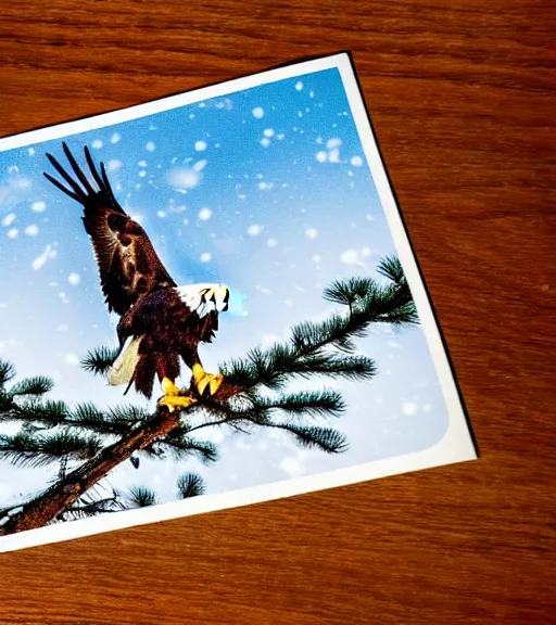 Image similar to damaged postcard of 'an eagle in the nest of a snowy pine tree' laying on coffee table, zoomed out shot