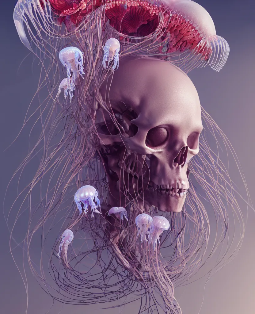 Image similar to goddess close - up portrait human skeleton, ram skull, jellyfish, orchid, betta fish, bioluminiscent, intricate artwork by tooth wu and wlop and beeple. octane render, trending on artstation, greg rutkowski very coherent symmetrical artwork. cinematic, hyper realism, high detail, octane render, 8 k