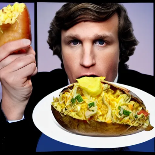 Image similar to tucker carlson eating a fully loaded baked potato