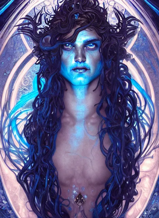 Image similar to the god poseidon, water hair, glowing eyes, volumetric lights, blue and cyan scheme, art nouveau botanicals, gothic, intricate, highly detailed, digital painting, artstation, concept art, smooth, sharp focus, symmetric face, illustration, art by artgerm and greg rutkowski and alphonse mucha