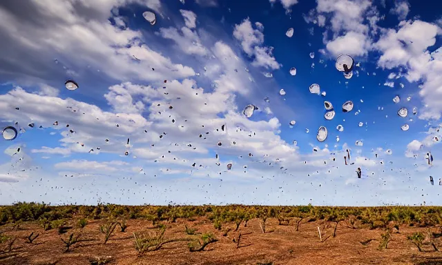 Image similar to panorama of big raindrops flying upwards into the perfect cloudless blue sky from a dried up river in a desolate land, dead trees, blue sky, hot and sunny highly-detailed, elegant, dramatic lighting, artstation, 4k, cinematic landscape, photograph by National Geographic