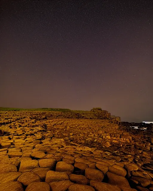 Prompt: perseid meteor shower over the giant's causeway, in the style of the dutch masters and gregory crewdson, dark and moody, depth of field