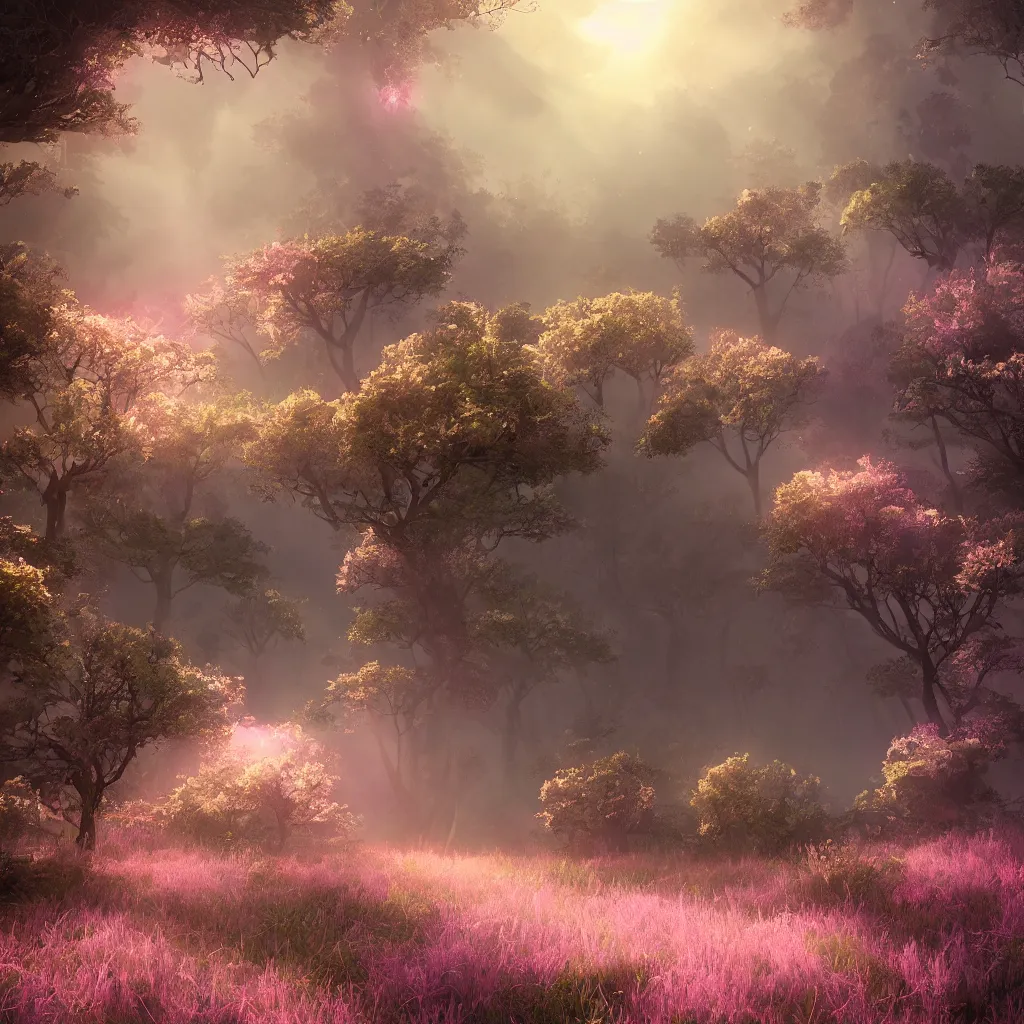 Image similar to fantasy with earth forest and meadow magic, at gentle dawn pink light, cinematic lighting, volumetric lighting, smooth, sharp focus, highly detailed, render in unreal engine 5, artstation, deviantart, behance, trending,, epic composition, hd, octane, unreal engine, volumetric lighting, light rays, masterpiece, award - winning