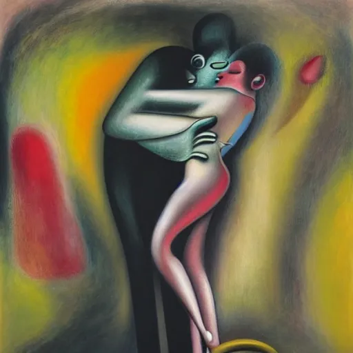 Image similar to Oil painting by Roberto Matta. Strange mechanical beings kissing. Close-up portrait by Lisa Yuskavage.