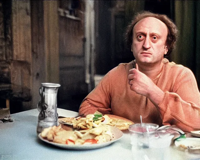 Prompt: 1 9 7 9 a soviet movie still a joseph brodsky sitting at a table with a plate of food in dark warm light, a character portrait by nadya rusheva, perfect symmetric coherent face, featured on cg society, neo - fauvism, movie still, 8 k, fauvism, cinestill, bokeh, gelios lens