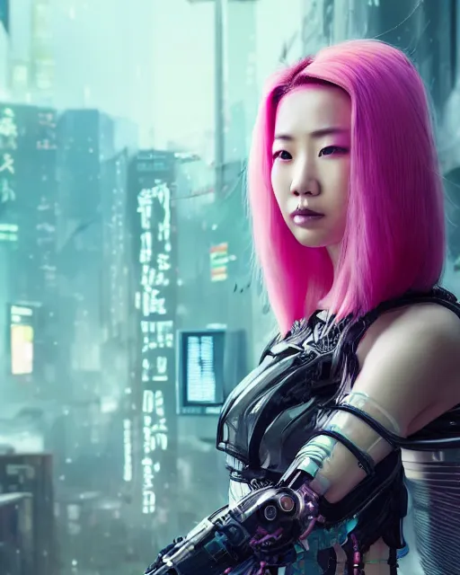 Image similar to portrait of a beautiful asian woman with pink hair as a cyberpunk cyborg half robot half woman, sci - fi, missing panels, intricate abstract upper body intricate artwork, concept art, octane render, deviantart, cinematic, key art, hyperrealism, iridescent accents, portrait photograph, nikon 3 5 mm, photograph by greg rutkowski