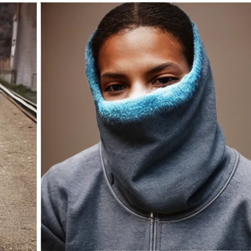Prompt: realistic! photoshoot for a new the north face lookbook, color film photography, portrait of a beautiful woman wearing a balaclava mask, photo in style of tyler mitchell, 35mm lens