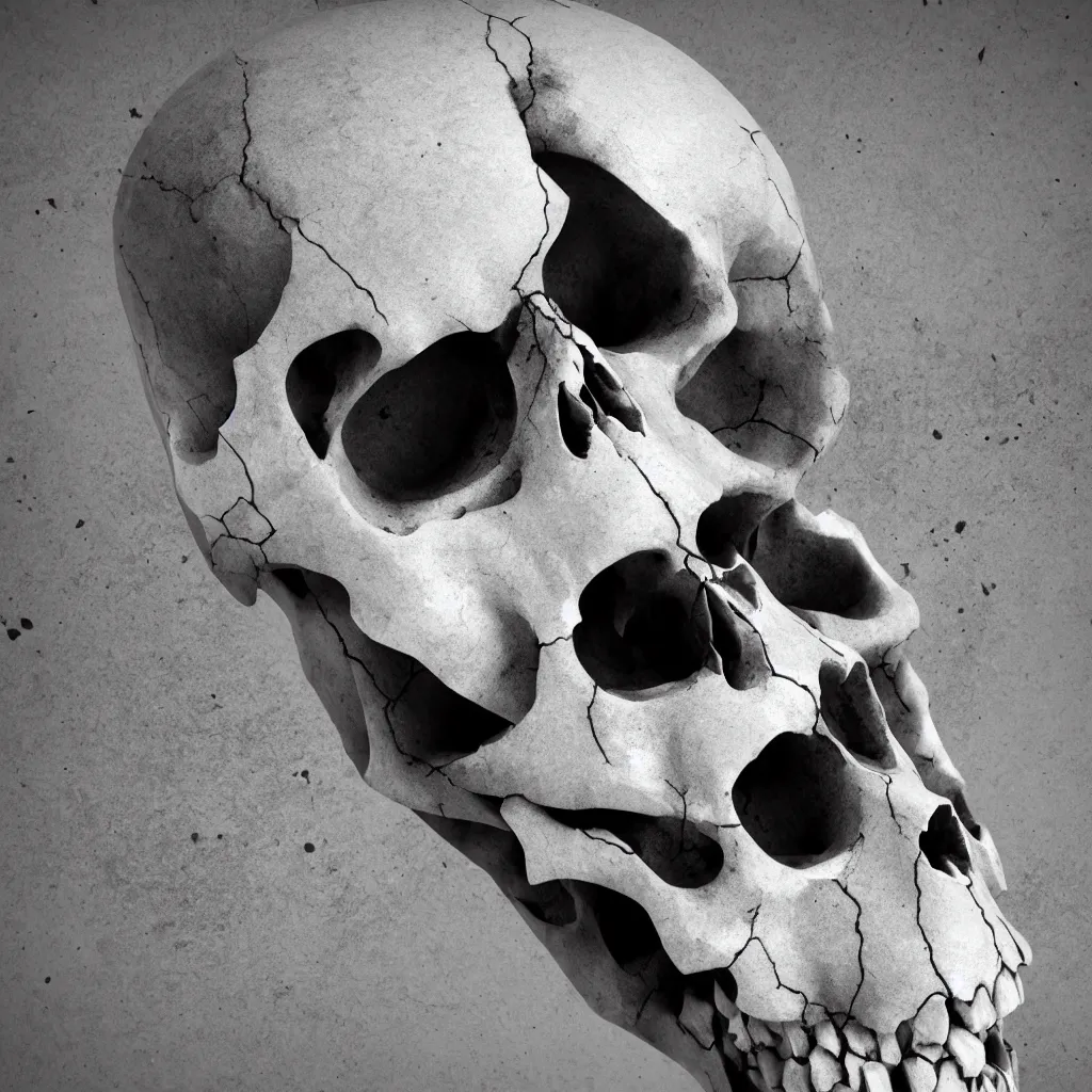 Prompt: octane render of a skull made out of marble, breaking into many pieces
