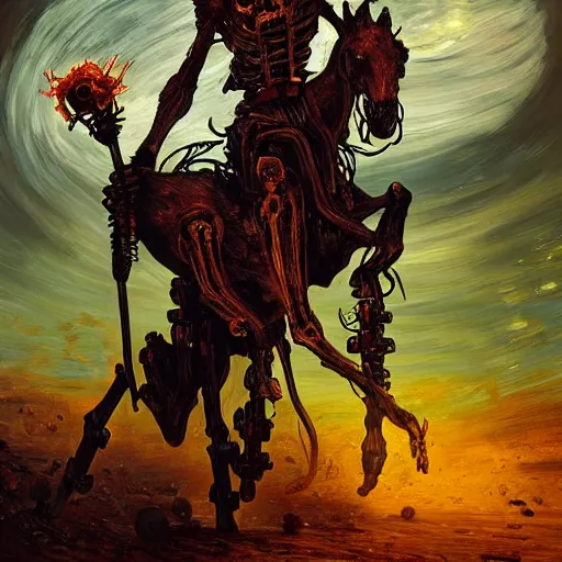 Image similar to a death tarot featuring an african shaman riding a robot zombie horse in a cyberpunk voodoo style by anton semenov and android jones and Alfred Munnings, oil on canvas
