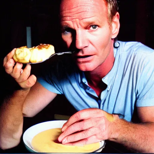 Image similar to sting the singer eating a banana creme brule ( dont ask )