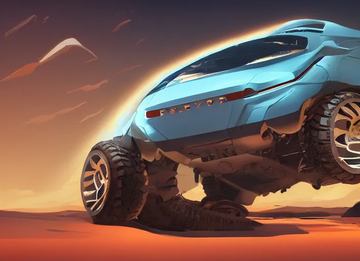 Prompt: wide view shot of a new car for 2 0 3 2 with offroad tires installed. style by petros afshar, christopher balaskas, goro fujita, and rolf armstrong. car design by dmc and volvo.