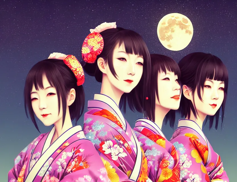 Image similar to two beautiful charming japan girls wear arty kimono in festival | | sunny night, full moon, dreamlike art, realistic shaded, smile, good looking, hyper details, 4 k realistic, cryengine, realistic shaded lighting poster by ilya kuvshinov, fuji choko, ross tran, 8 k resolution, trending on artstation, luxury