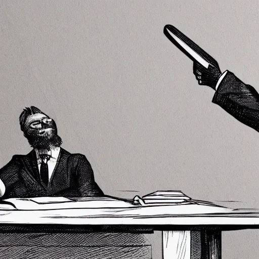 Image similar to a blad judge with bid white beard slams his gavel on the desk, illustration, realistic, 8 k, cinematic