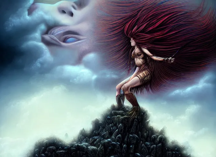 Prompt: realistic detailed image of a female Amazon warrior auburn hair blowing in an angry, stormy mountain top, anime art, anime, inspired by H.R. Giger and Zdzislaw Beksinski, gothic, rich deep colors. A masterpiece.