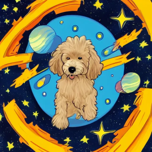 Prompt: goldendoodle in space