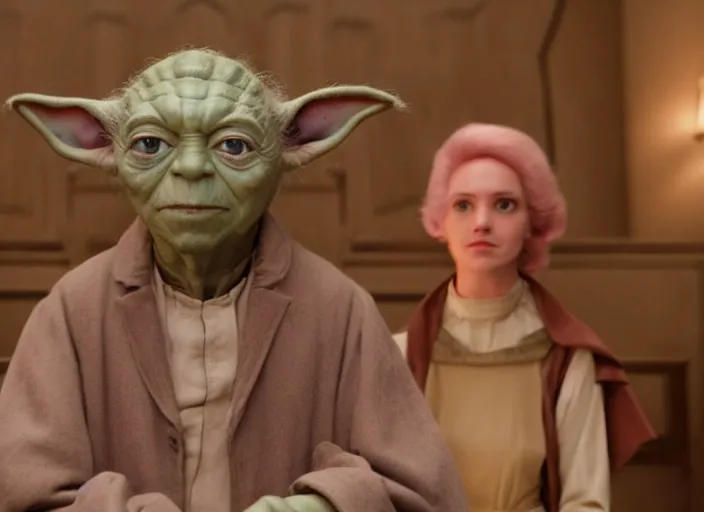 Prompt: a film still of cosplay of yoda in the grand budapest hotel ( 2 0 1 4 ), 4 k