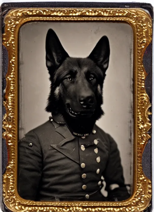 Image similar to professional studio photo portrait of anthro anthropomorphic german shepard head animal person fursona smug smiling wearing elaborate military general uniform clothes degraded medium by Louis Daguerre daguerreotype tintype