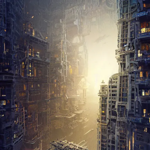 Image similar to very very detailed building made from complex robot parts, beautiful dynamic lighting, cinematic, wide angle establishing shot, extremely high detail, photo realistic, cinematic lighting, post processed, concept art, artstation, matte painting, style by lebbeus woods, john berkey, volumetric lighting, light rays, photorealistic, ultrarealistic, moody, coronarender, 8k