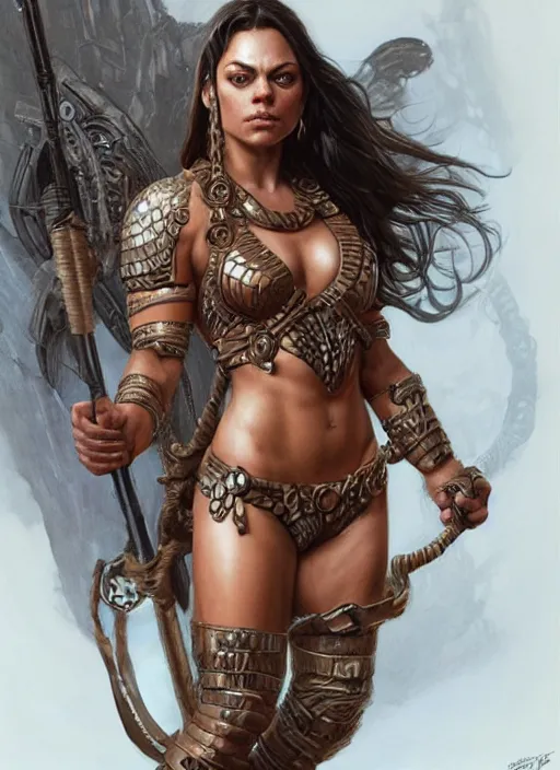 Prompt: Mila Kunis as a very muscled rugged looking Amazon, intricate, elegant, highly detailed, centered, digital painting, artstation, concept art, smooth, sharp focus, illustration, art by artgerm and donato giancola and Joseph Christian Leyendecker, WLOP