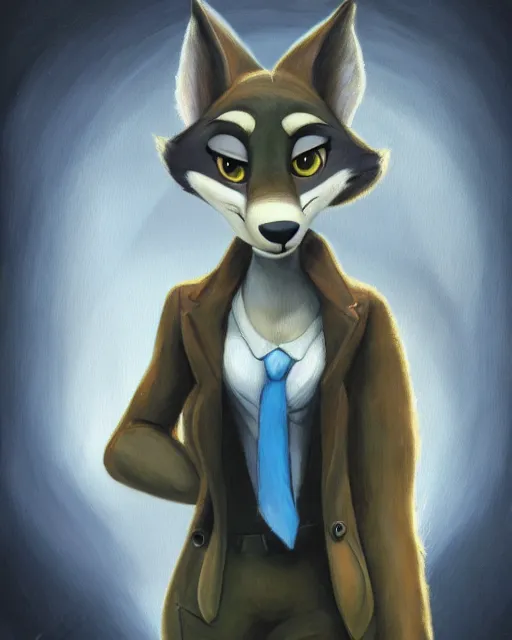 Image similar to oil painting of anthromorphic female wolf, in style of zootopia, zootopia, zootopia, fursona, furry, furaffinity, 4 k, deviantart, furry art, fursona art, wearing black business suit, business suit, in style of zootopia, wolf fursona, cyberpunk, female, expressive detailed feminine face,