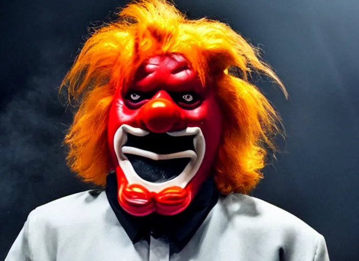 Image similar to publicity photo still of ronald mcdonald wearing a slipknot mask touring with slipknot live on stage, 8 k, live concert lighting, mid shot