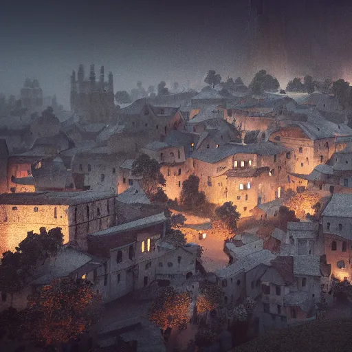 Image similar to the center of a poor medieval town under heavy rain at late dawn, in a valley, surrounded by mountains, highly detailed, octane render, ultra detailed cinematic, 8 k, widescreen, 1 6 : 9, hd