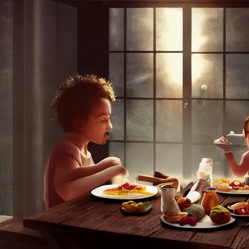 Image similar to a - happy - family - eating - dinner - at - the - table - inside - a cage, at - home, indoors, warm - sunlight, photorealistic, high - detail, octane - render, vivid, 4 k,