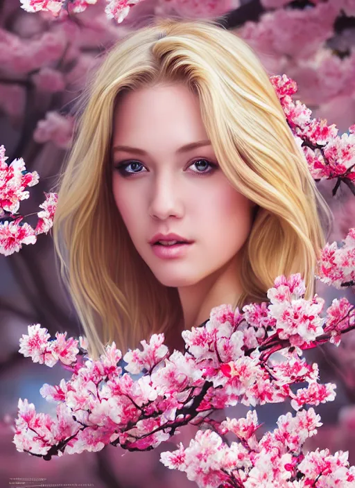 Image similar to photo of a gorgeous blonde female in the style of stefan kostic, realistic, half body shot, sharp focus, 8 k high definition, insanely detailed, intricate, elegant, art by stanley lau and artgerm, extreme blur cherry blossoms background