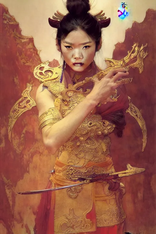 Prompt: full character of a ancient chinese female warrior with big double eyelid eyes, character design, painting by gaston bussiere, katsuya terada, nc wyeth, greg rutkowski, craig mullins, vermeer, frank frazetta, mucha, trending on artstation, jeffery catherine jones