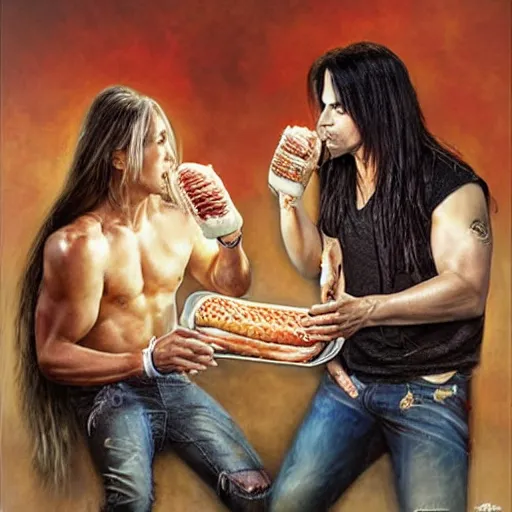 Image similar to portrait of brett michaels and criss angel sharing hotdogs, an oil painting by ross tran and thomas kincade