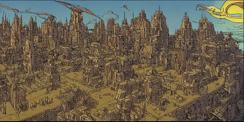 Prompt: siege of Babylon by Moebius.