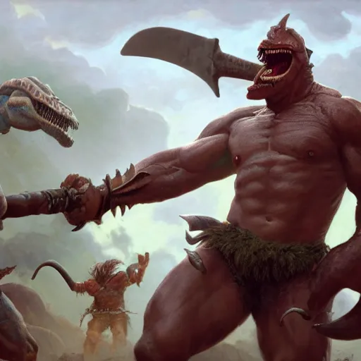 Prompt: Dark Skinned Orc Barbarian slaying a dinosaur with a chanting arena crowd in the background, Oil Painting, hyperrealistic, octane render, Detailed Digital Art, RPG scene, William-Adolphe Bouguereau, Michael Cheval, dynamic lighting, Highly Detailed, Cinematic Lighting, 8k, HD