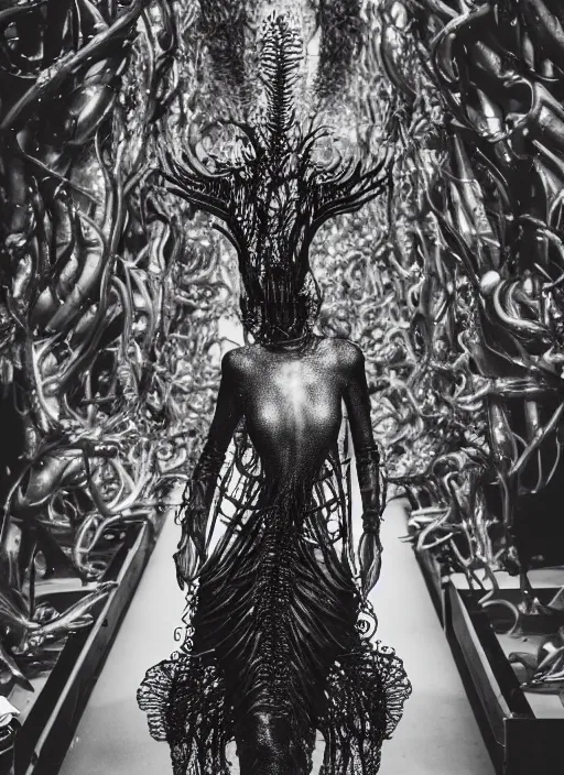 Image similar to walking down the catwalk, ben watts, show, stage, vogue photo, podium, fashion show photo, historical baroque dress dark, iris van herpen, beautiful woman, masterpiece, intricate, biopunk, vogue, full body shot, alien, plant predator, guyver, jellyfish, white biomechanical details, highly detailed