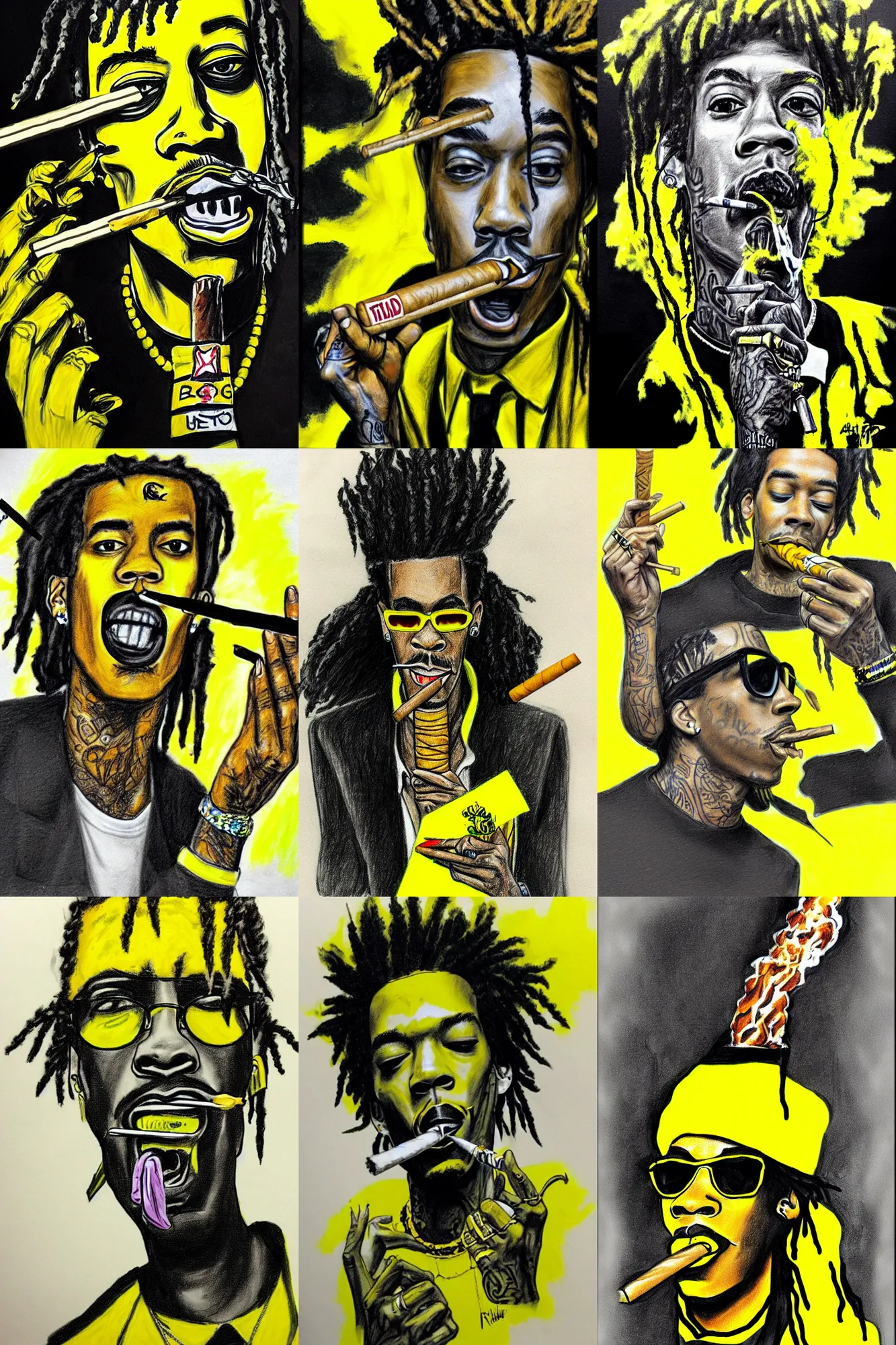 Prompt: classroom sketch of wiz khalifa smoking a cigar, rastafarian, horror, surreal black and yellow, shading