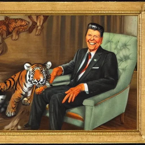 Image similar to [ ronald reagan sitting in chair with a tiger lying at his feet ]