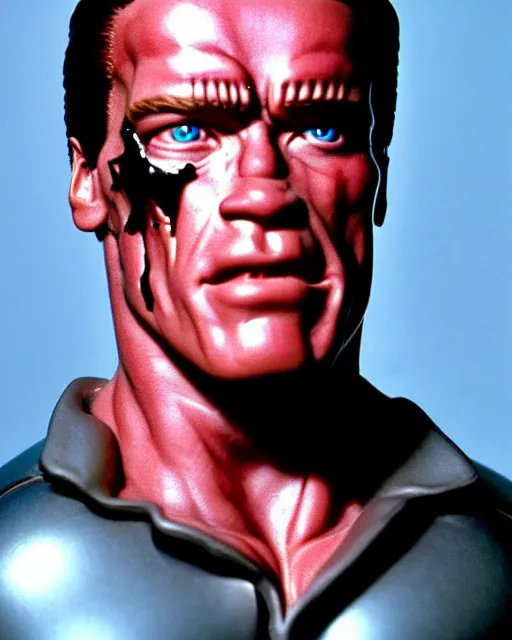 Image similar to arnold schwarzenegger as a damaged t - 1 0 0 terminator, red eye, photo