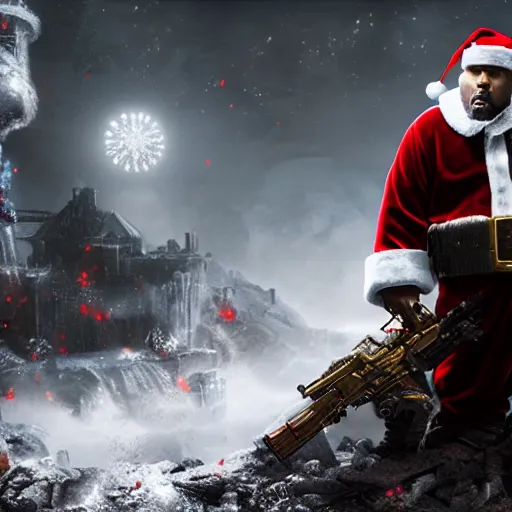 Image similar to Kanye West as santaclaus in 'Gears of War', splash art, movie still, cinematic lighting, detailed face, dramatic, octane render, long lens, shallow depth of field, bokeh, anamorphic lens flare, 8k, hyper detailed, 35mm film grain