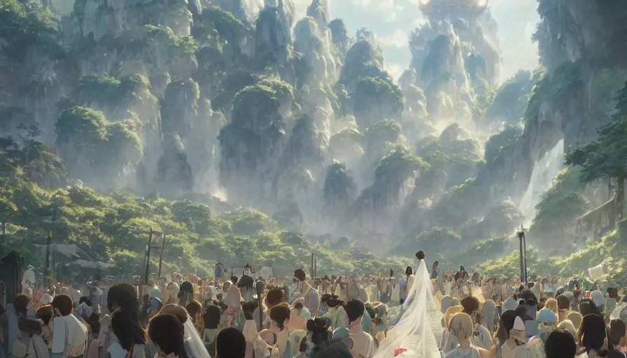 Image similar to A highly detailed matte painting of the biggest wedding ever, by Studio Ghibli, Makoto Shinkai, by Artgerm, by WLOP, by Greg Rutkowski, volumetric lighting, octane render, 4K resolution, trending on artstation, masterpiece