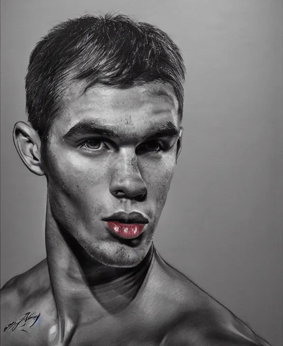 Image similar to portrait of a handsome young swedish boxer, art by denys tsiperko and bogdan rezunenko, hyperrealism