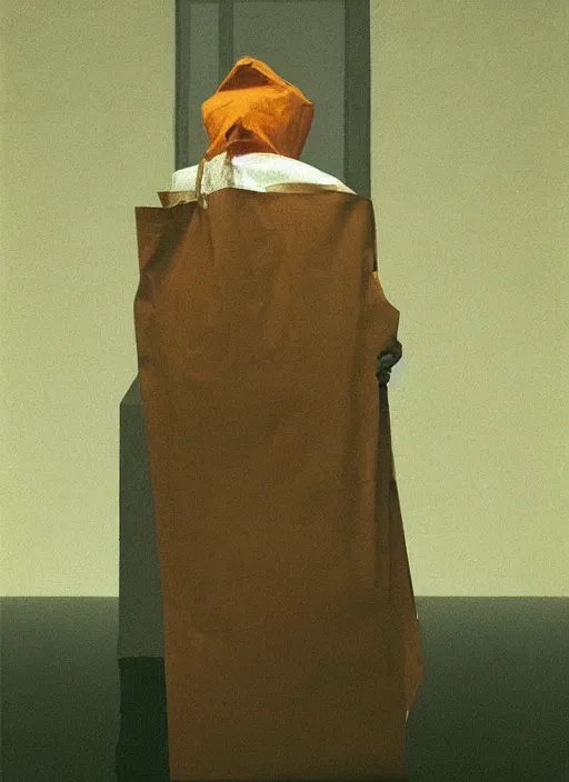 Image similar to woman dressed in plastic bags in paper bag over the head on flooded street Edward Hopper and James Gilleard, Zdzislaw Beksinski, highly detailed