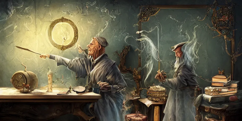 Image similar to wizened aristocrat examining the mysteries of tarot cards on a magical blackboard, background is magical blackboard with chalk,, fantasy art, matte painting, high quality, digital painting, artwork by tony sart