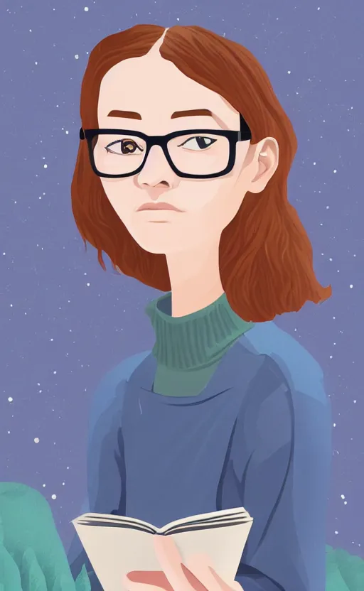 Prompt: a digital art illustrated portrait of a jaded 2 2 - year old gen z female student wearing gold - rimmed reading glasses in the style of jean giraud