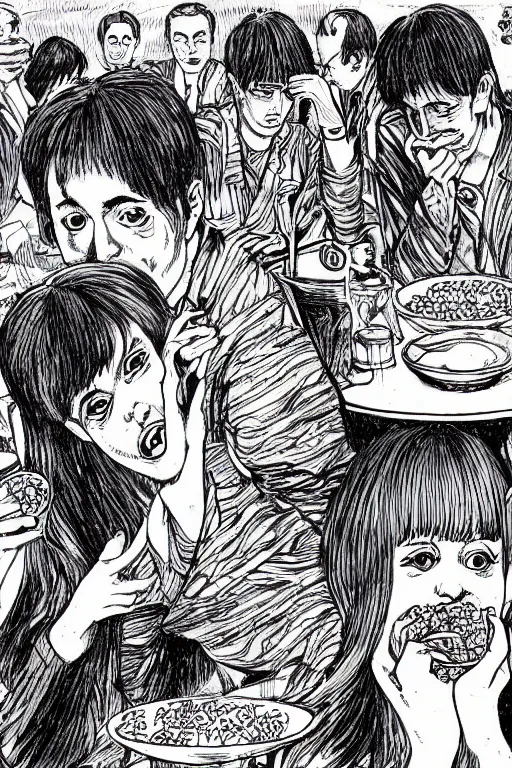 Prompt: junji ito illustration of ryan gosling eating cereal